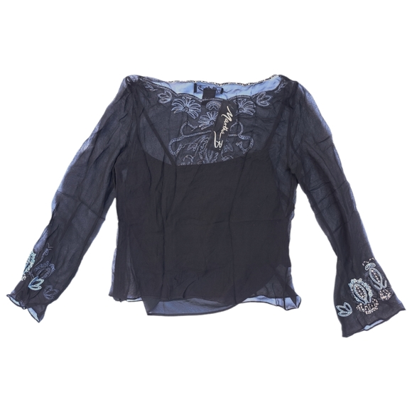 Martha B Embroidered Beaded Sheer Silk Long Sleeve Blouse Size M - Picture 2 of 3